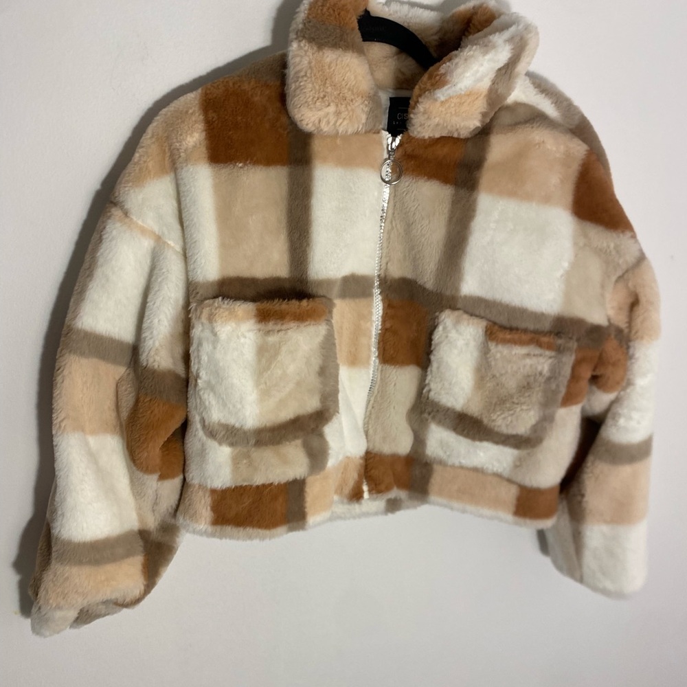 Zara Checkered Faux Fur Jacket